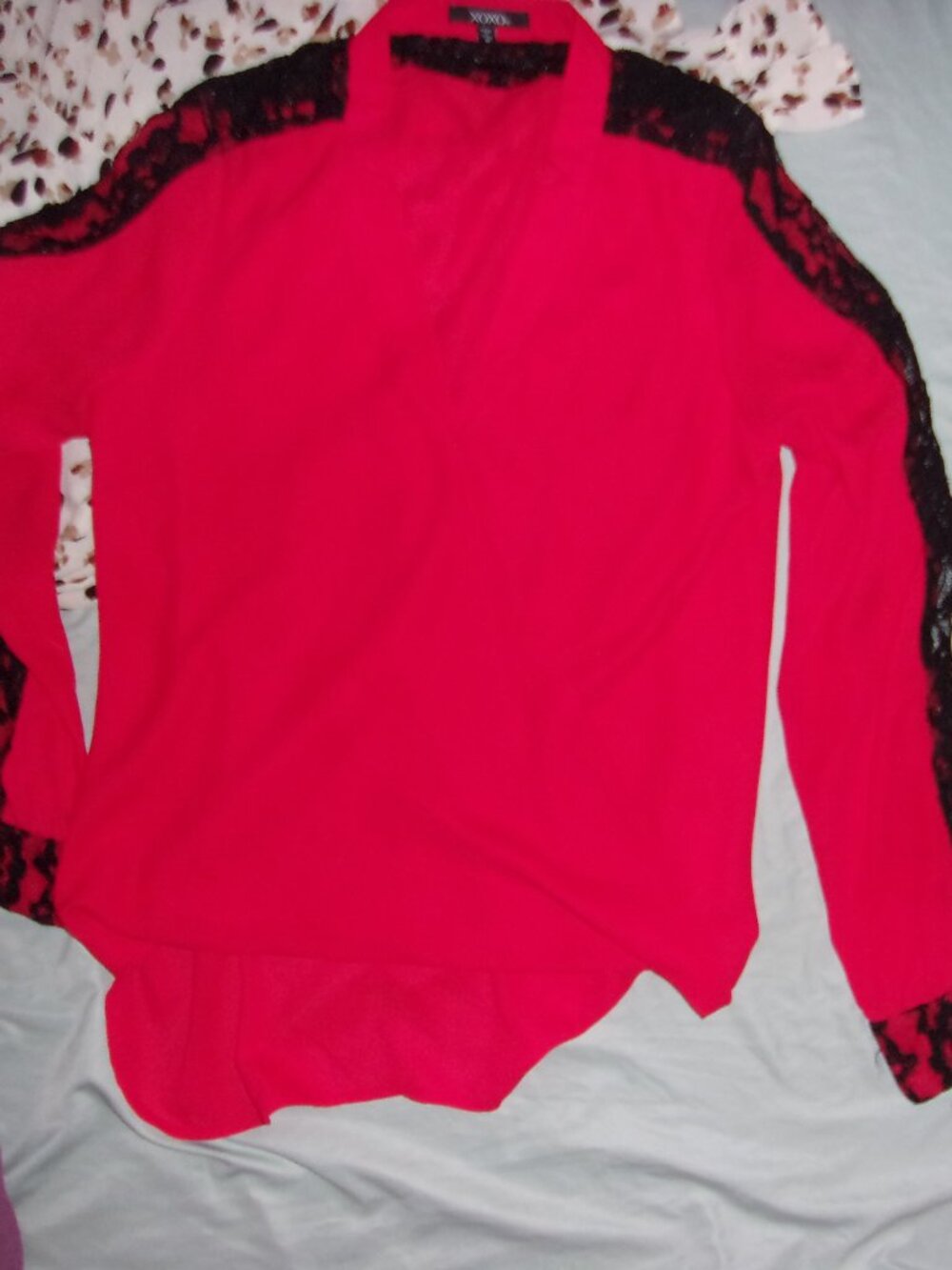 size medium womens shirt blouse long sleeved red black lace dress casual